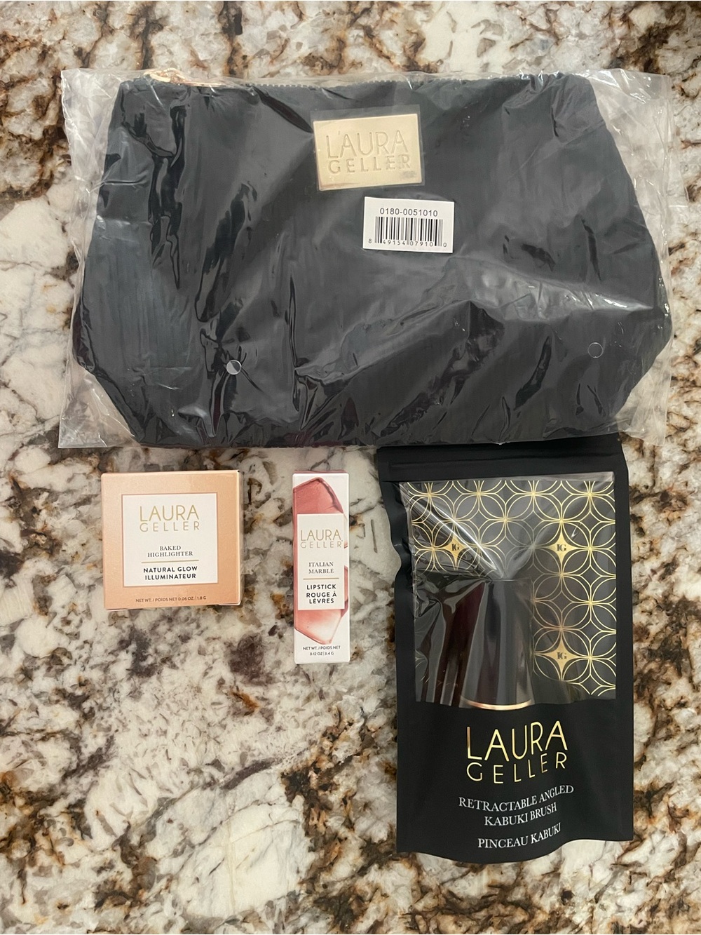 NWT Laura Geller 4PC Makeup Bundle Lipstick Highlighter Kabuki Brush Bag